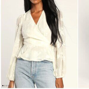 2 for $15 Elegant Image Ivory Floral Burnout Long Sleeve Wrap Top